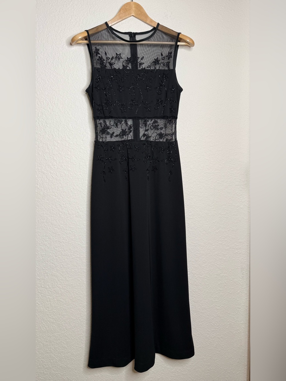 Vintage Stenay Maxi Dress Size 6 Sheer Panel Beaded Floral Black Y2K Eveningwear